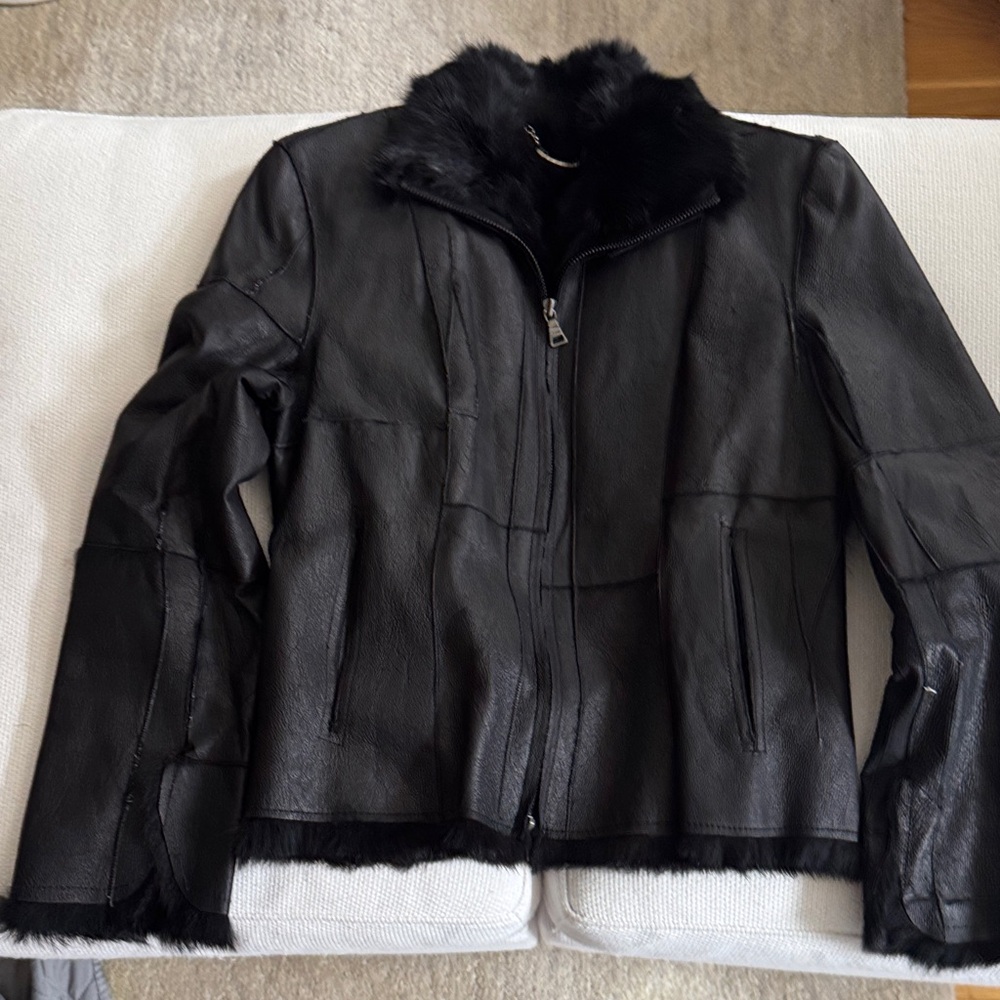 Guess Black Leather Jacket with Rabbit Fur Lining — Size M - Picture 5 of 11